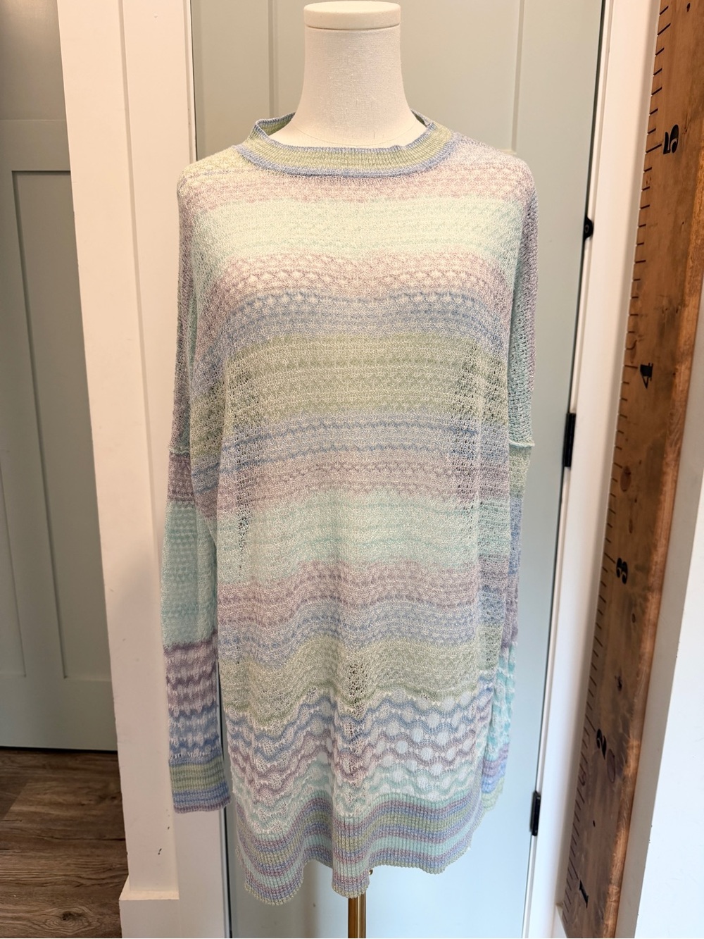 Free People Sweater Crochet Pastel Stripe Rare Lightweight Oversized Coastal